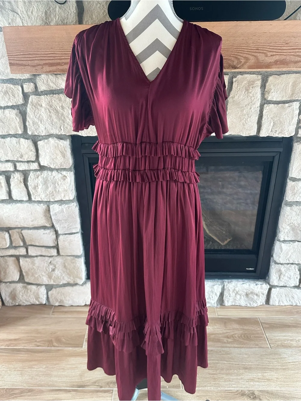 Bohme Maroon Ruffle Willa Midi Dress features a V-neckline and tiered skirt. L - Picture 5 of 12